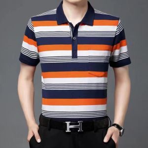 Casual Loose True Pocket Short Sleeve T-shirt Striped Polo Shirts for Middle Aged and Young Men