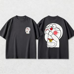 Bandai | Doraemon Japanese Cartoon Heavy Cotton T-shirt Short Sleeved Casual Loose Summer Top for Men And Women Cute Couple Outfit
