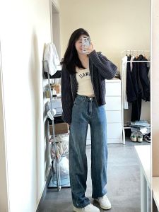 สูง เอว ความยาวขยาย อเมริกันวินเทจ สีฟ้า กางเกงยีนส์ ผู้หญิง หลวม ขากว้างตรงบาง ความยาวพื้น กางเกง สไตล์ลำลอง