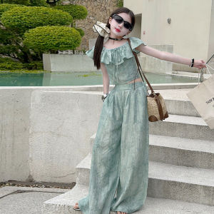 Bộ Đồ Mùa Hè Cho Bé Gái Quần Ống Rộng Thời Trang Bộ Đồ Hai Mảnh Vải Polyester Phong Cách Hàn Quốc Cho Trẻ Em Lớn