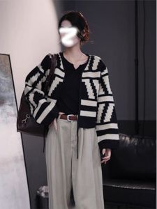 BINKAFENNY | Stunning Color Block V-Neck Knitted Jacket Womens Early Autumn Loose Design Unique Beautiful Short Top Banded Outerwear