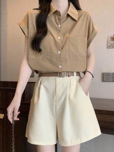 Slightly Oversized Girls Slim Looking Anti-Aging Outfits Womens Summer Wear New Arrival Plus Size Fashion Fancy Shirt Wide Leg Shorts Two-piece Set