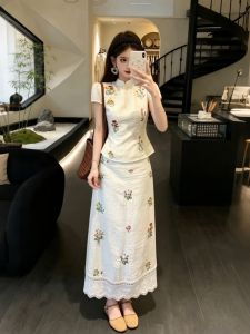 XUECAIQI | Chinese Style Vintage Embroidery Mandarin Collar Short Sleeve Shirt and Half Skirt