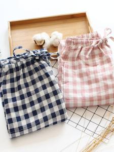 Pure Cotton Couple Japanese Style Plaid Pajama Pants Student Home Pants Spring Summer Autumn Female Male Cotton Double-Layer Gauze Pants Loose