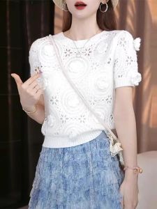WANGGONGZHU | Fashionable Knitted Hollow Out Short Sleeve T-Shirt Women Summer New Style Princess Design Breathable Sweat Absorbent Slimming