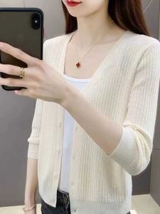 Thin Spring Summer Large Size Knitted Ice Silk Open Cardigan Womens Outerwear Short Versatile Sun Protection Air Conditioning Shirt Hollow Top