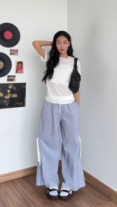 Quần ống rộng kẻ sọc dáng dài cạp trắng có dây nơ | DARI PANT - CLÉLIE