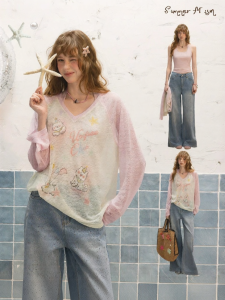 Unifree | Pink V-neck Loose Transparent T-shirt Set