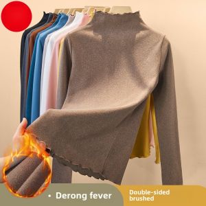 Womens Fleece Lined Thickened Half High Collar Base Shirt Autumn Winter New Style Double Sided Large Size Inner Wear T-shirt
