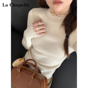La Chapelle Womens White High Neck Knitted Sweater Long Sleeve Slim Fit Inner Wear Wood Grain Edge Bell Sleeve Top
