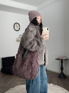 Miaoqi Dust Storm Purple Oval Tassel Retro Vibe Canvas Shoulder Crossbody Bag Fashionable Trendy Polyester Lining Magnetic Buckle