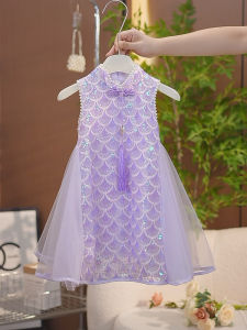 Princess Style Fish Scale Cheongsam Dress Childrens Summer Fashionable Mermaid Dress New 2025 Girls Popular Skirt Cotton Blend Fabric
