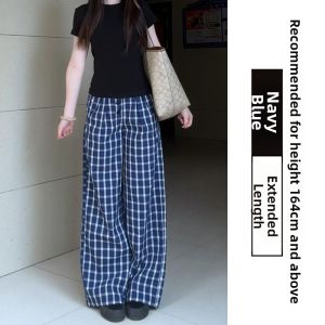 LANMENGYA | Navy Check Casual Loose Long Trousers