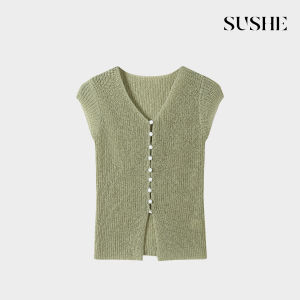 SUSHE | Cool Breathable Short Flounce V-Neck Slit Knit Top