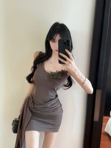 GUZILIAN | Irregular 3D Flower Splicing Single Shoulder Bridesmaid Short Skirt Slimming Pleated Sash Bodycon Dress Korean Style High Waist Summer Dress