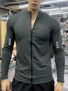 American Style Fitness Mens Long Sleeve Cycling Suit Jacket Quick Dry Slim Fit Elastic Running Training Zipper Open Cardigan