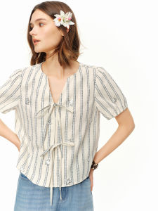 DUSHU | Cotton-Linen Striped Summer New Short Sleeve Beaded V-Neck Shirt