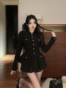 Cỡ Lớn Thanh Lịch Màu Đen Len Áo Khoác Và Dáng Chữ A Mini Váy Bộ Dành Cho Nữ Mùa Thu Mùa Đông Eo Cao Ve Áo Hòa Nhạc