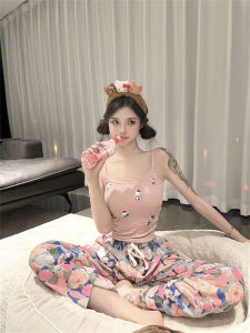 Sweet Bean Kitty Womens Sleepwear with Chest Pad Casual Home Clothes Summer Cartoon Strap Long Pants Thin Cotton Outerwear