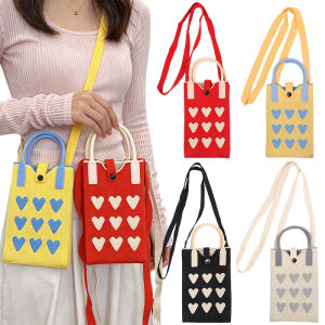 Heart Knitted Mini Square Handbag / Cute Mobile Phone Shoulder Bag / Outdoor Crossbody Bags for Women Girls