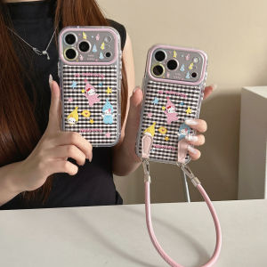 Sanrio | Korea INS Black Checkered Hello Kitty Sanrio Cartoon Phone Case For iphone 17 16 15 Pro Max Shockproof Cover With Lanyard