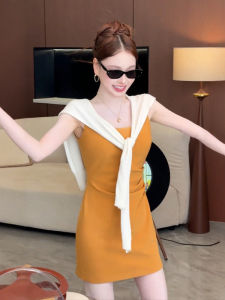 YUEZHONGWEI | French Style Square Collar Orange Strapless Dress Womens Summer Slim Fit Mini Skirt Short Dress Korean Style Commute
