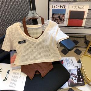 เสื้อกั๊กคอวีแขนสั้นทรงหลวมสไตล์เกาหลีสำหรับผู้หญิงในช่วงฤดูร้อน 2023 คอลเลกชั่นใหม่ เสื้อผ้าทำงานสำหรับวัยรุ่น