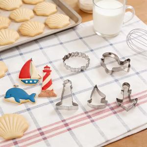 5PCS Cookie Cutter Set Food Grade Stainless Steel Ocean Themed Shell Whale Sailboat Fondant Biscuit Molds For Home Baking
