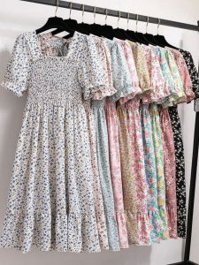 Floral Print Womens Dress Bow-Tied Short Sleeve Midi A-Line Skirt Casual Streetwear Autumn Fashion Ladies Clothing