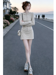 Shalldoer | New Summer Womens Two-piece Set Pure Color Zipper Hoodie and Pencil Mini Skirt