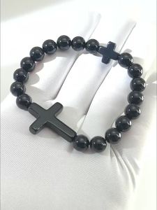 SHISHANGMEIDI | Cross Decorated Gift Black Agate Men Hand Chain 8mm