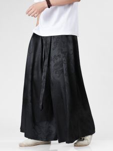 New Chinese Style Mens Thickened Loose Wide Leg Pants Autumn Winter Dragon Pattern Embroidery Acetate Trousers High Waist Skirt Pants