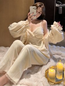 Bộ Đồ Ngủ Lông Cừu Hai Mặt Dài Tay Cho Nữ Bộ Đồ Mặc Nhà Gợi Cảm Mùa Thu Đông Bộ Ba Mảnh Có Đệm Ngực Quần Dài Cổ Chữ V
