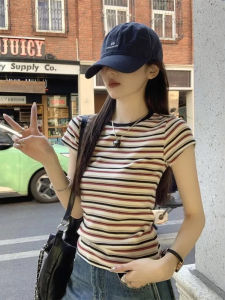 DUOFEIYAN | Color Block Stripe Round Neck Short Sleeve T-Shirt Summer Women Slim Fit