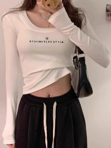 Áo Thun Cotton Dài Tay Màu Trắng Cổ Lớn Hở Xương Đòn Dáng Ôm Vừa Vặn Cho Nữ Mùa Thu Thường Ngày in Họa Tiết Thoải Mái