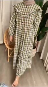 Dress Midi Kotak-Kotak Elegan Motif Gingham Poliester Plus Size