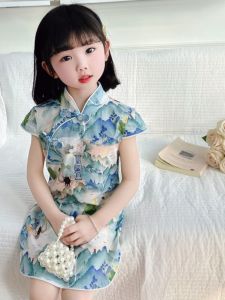 Princess Style Short Sleeve Cheongsam Dress for Girls Childrens Fashionable Hanfu Clothing Cotton Material Summer New Arrival