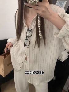 Loose Fit Linen Cotton Stripe Long Sleeve Shirt Casual Lightweight Summer New Style Simple Matchable Sun Protection Clothing