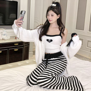 2025 New Womens Sleepwear Coral Fleece Thickened Half Velvet Three-piece Set Anti-static Home Clothes Long Sleeve V-neck