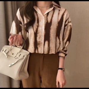 High Quality Fabric Long Sleeve Shirt for Women Khaki Black Geometric Pattern Fashion Street Retro Spring and Autumn Lapel Shirt Top