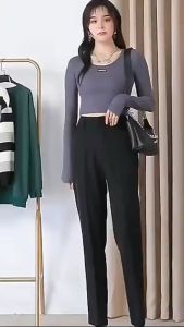 Quần tây dài nữ vải cotton 2 nút lưng cao màu đen có size đại