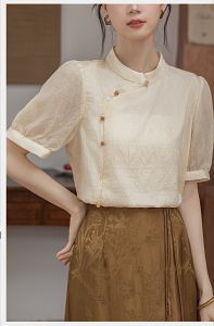 New Chinese Style Light National Trend Silk Shirt Womens Oblique Lapel Short Sleeve Summer New Style Straight Tube Top