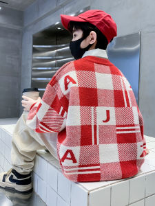 Thickened Autumn Winter Knitted Sweater for Boys Trendy Red Plaid Warm Top for Children Korean Style Long Sleeve round Neck