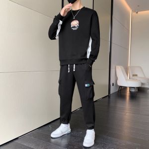 ROMON | Romon Mens Casual Sports Set Round Neck Sweatshirt Long Pants Running Suit Two-Piece Autumn Collection Polyester Fiber