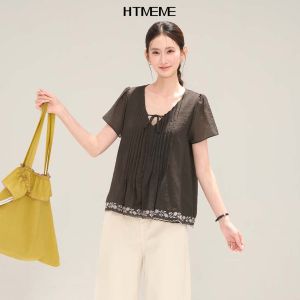 HTMEME | Embroidery Lace Pucker V-Neck Tie Short Sleeve Womens Blouse