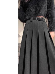 กระโปรงทรงเอเอวสูงสีเทา กางเกงขายาวทรงเอผ้าขนสัตว์สำหรับผู้หญิงในฤดูใบไม้ร่วงปี 2025 กระโปรงทรงเอเอวสูงแบบใหม่