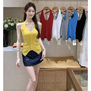 YUEZHONGWEI | Red V-Neck Off-Shoulder Knit Halter Top