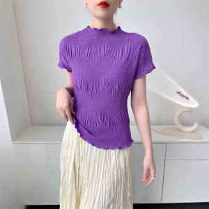 「Sunya.1 Embroidered Pleated Blouse Womens High-Neck Slim Fit Short Sleeve T-Shirt Youthful Casual Top # S-562」