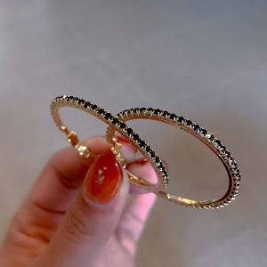 S925 Silver Needle Earrings with Black Diamond Geometric Pattern Retro Court Style for Women Large round Circle Gold Plated