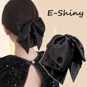 โบว์ริบบิ้นผ้าซาตินสำหรับผู้หญิงกิ๊บติดผมเด็กเพชรเทียมสีดำคลิปหนีบผมหางม้าวินเทจผ้าซาตินหรูหรา